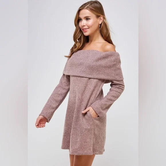 Off the Shoulder Knit Fold Over Sweater Dress with Pockets - Picture 2 of 5
